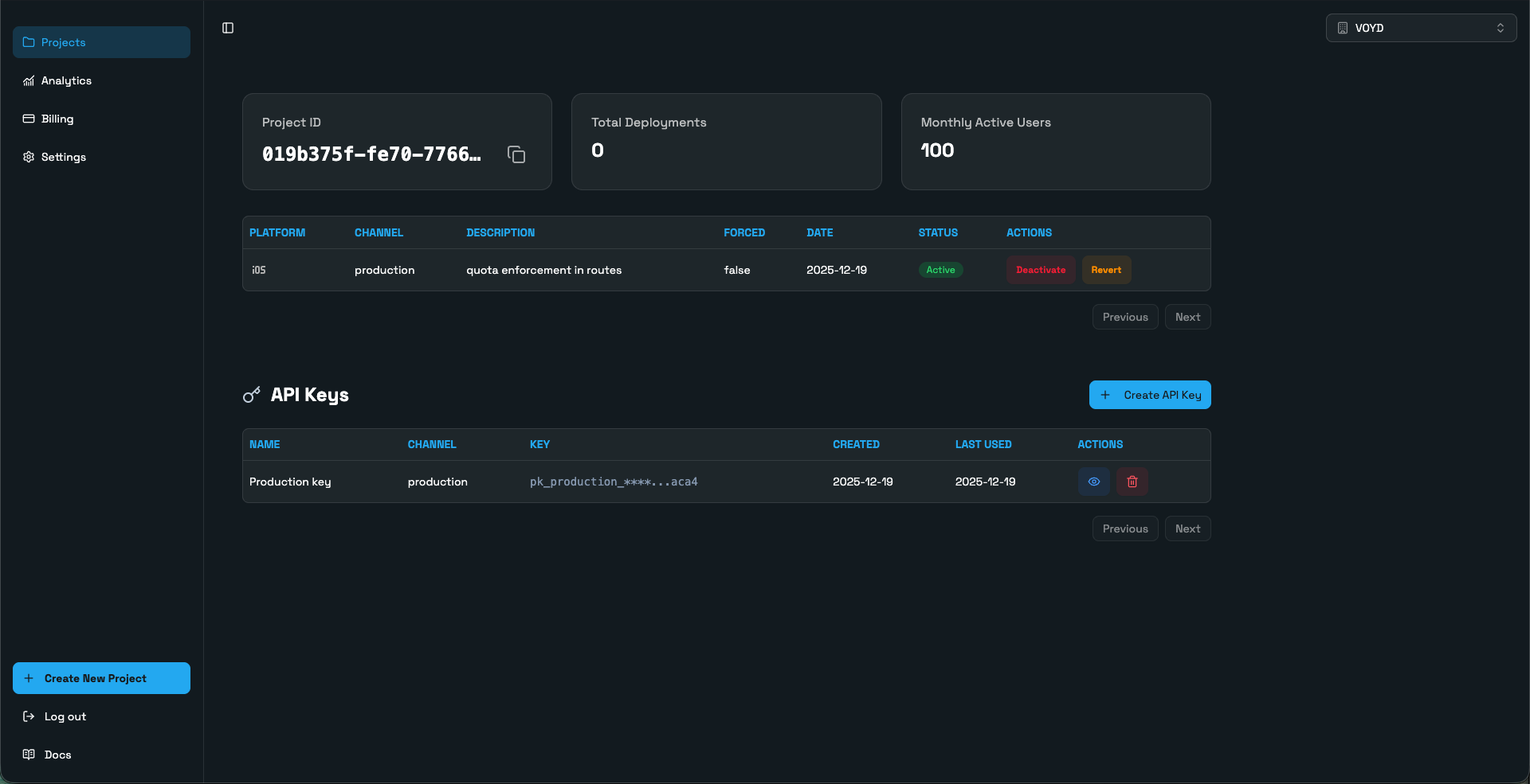 Silverbullet OTA Platform Dashboard - showing projects, deployments, and analytics